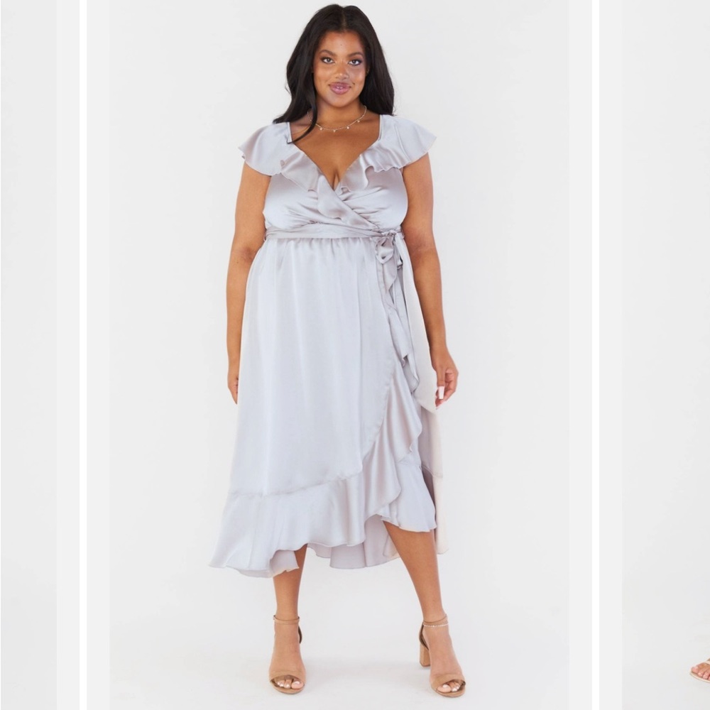 $198 SZ 2X Show Me Your MUMU Samantha Ruffle Wrap Dress silver luxe satin